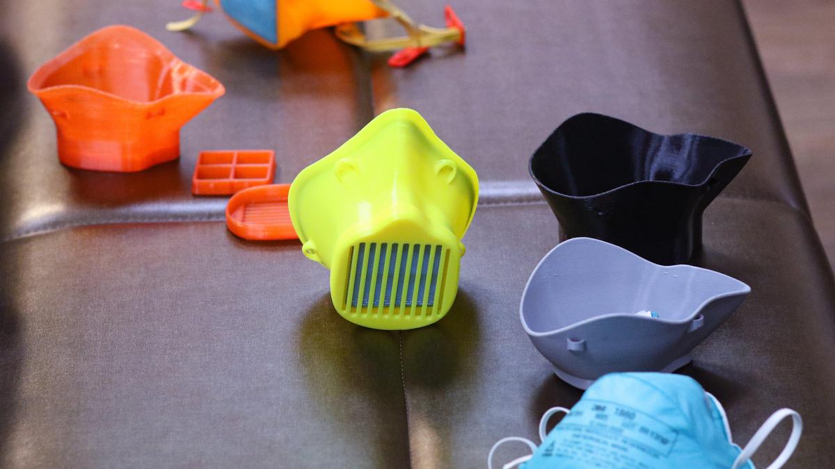 Cristian Sion is a Cal Poly student who is helping create N-95 masks for the SLO Surgery Center with his 3D printer. The mask has been through several design phases with a small and larger size. David Middlecamp 4-13-2020