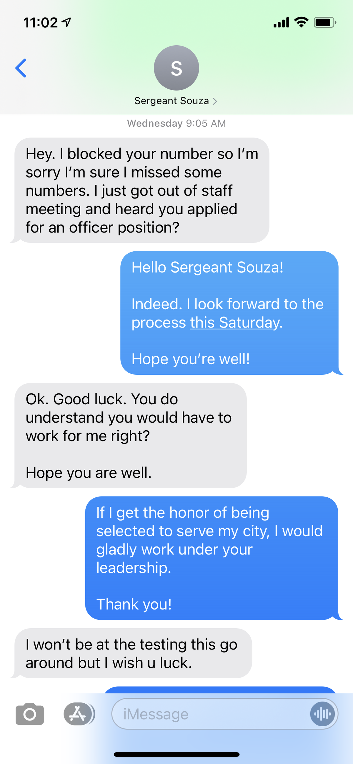 A text exchange between former Pismo Beach Police Department Sergeant Adrian Souza and a woman he would meet for on-duty oral sex when she told him she applied to work for the police department. The woman sent this photo to the Pismo Beach Police Department as part of an internal affairs investigation.