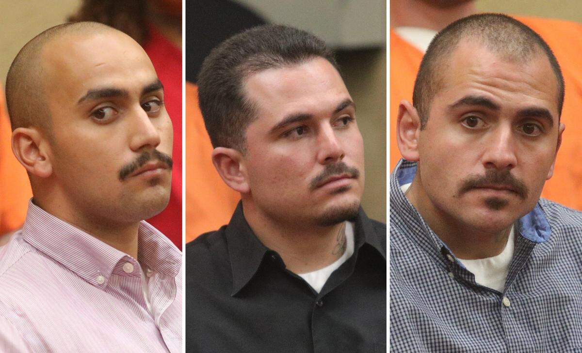 From left, Nathaniel Jara, Gabriel Garay and Robert Garay are accused of killing Daniel Fuentes Sr. of Oceano in April 2019.