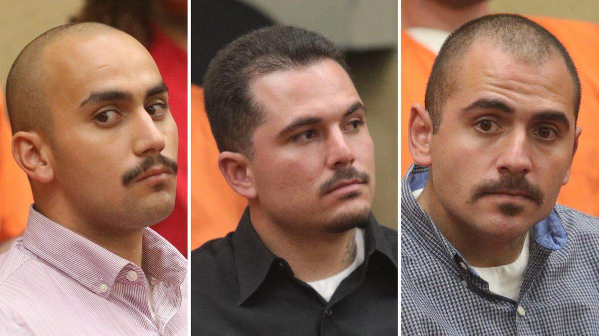 From left, Nathaniel Jara, Gabriel Garay and Robert Garay are accused of killing Daniel Fuentes Sr. of Oceano in April 2019.