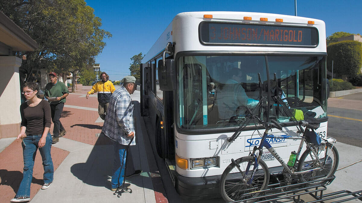 People get on and off a SLO city bus in downtown SLO.