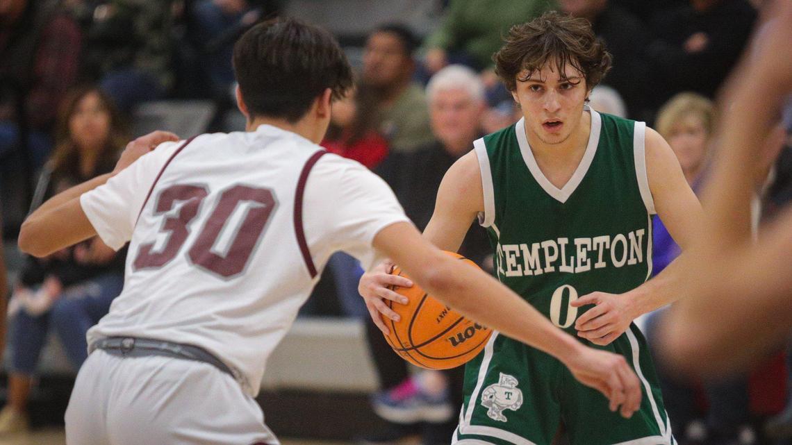 Nicky Frangie dribbles as Joseph Canales guards. Nipomo beat Templeton 65-56 in a boys playoff basketball game Feb. 17, 2023.