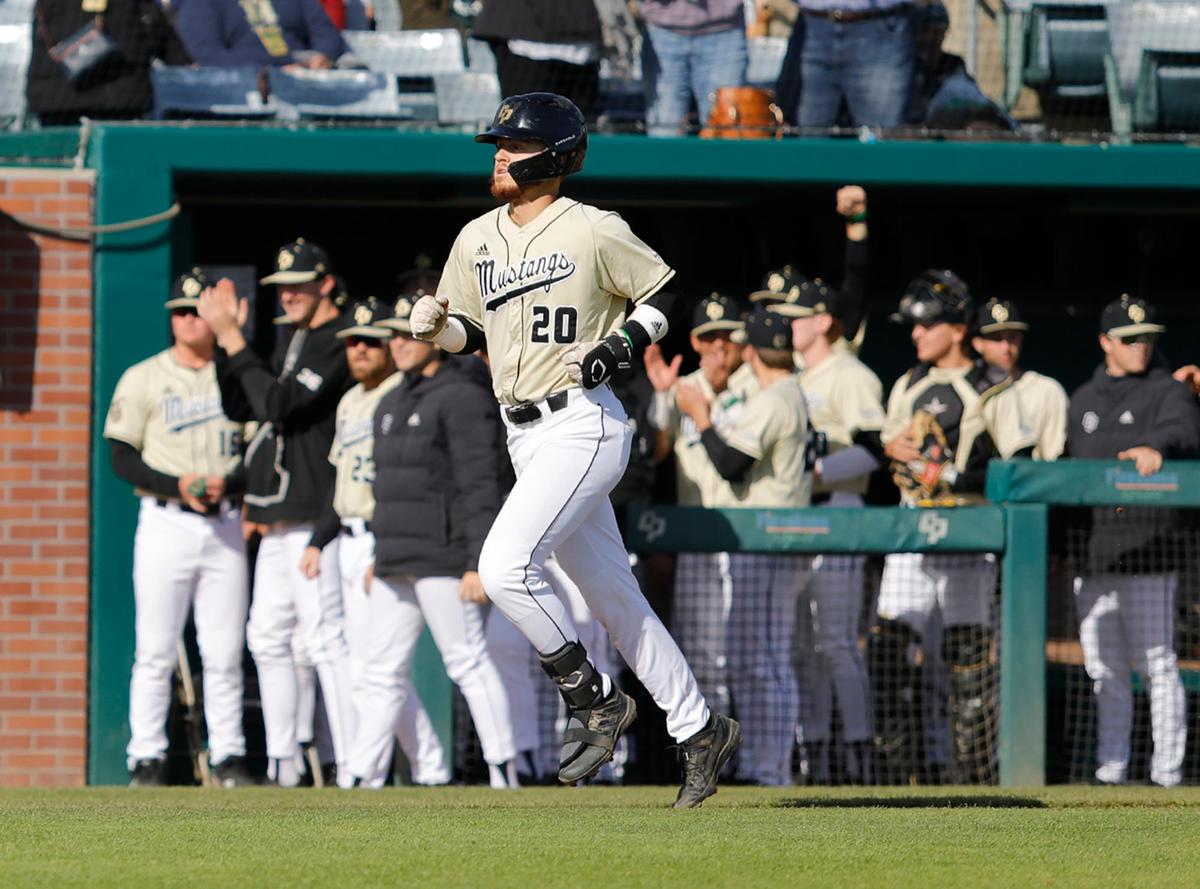Cal Poly’s Jake Steels (20) heads for home after hitting a grand slam in the Mustangs’ 9-7 loss to UC Irvine in a Big West Conference baseball game at Baggett Stadium, San Luis Obispo on March 25, 2023. Steels was drafted in the 18th round by the Braves in 2024.