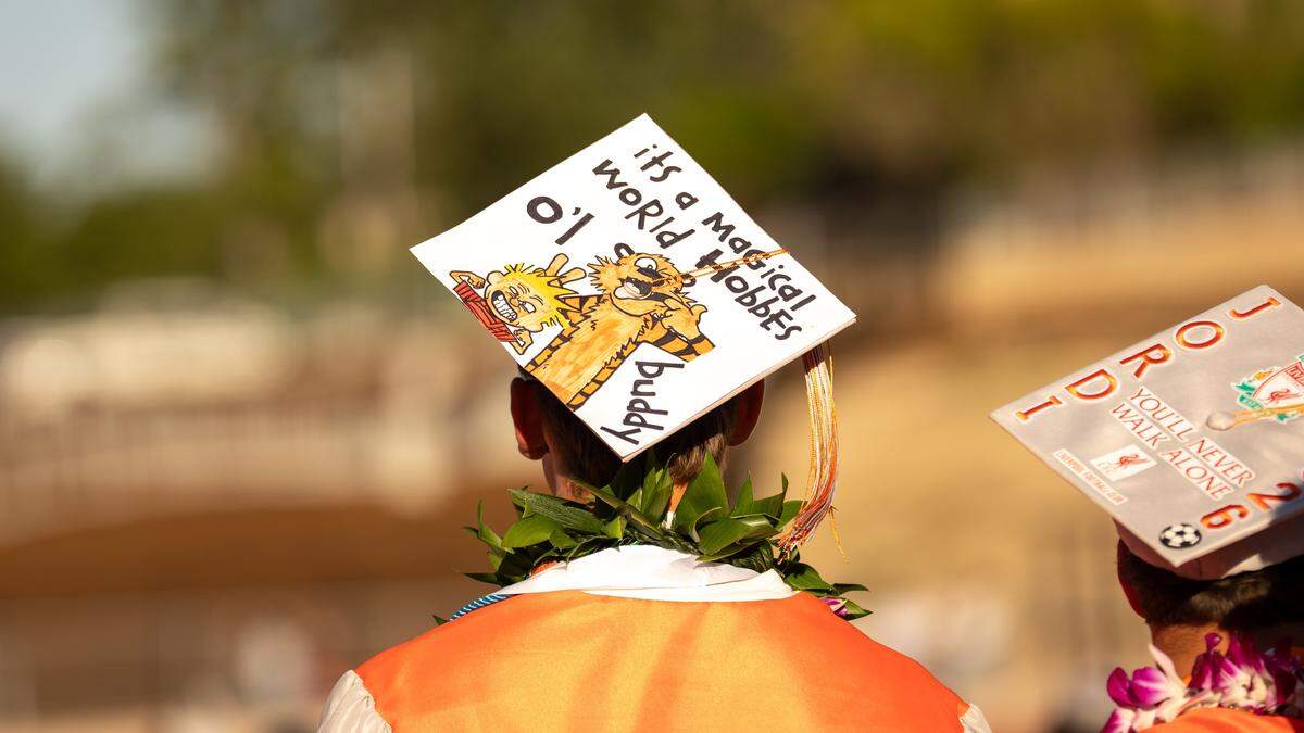 An Atascadero High School student's graduation cap features Calvin and Hobbes at commencement ceremonies on Wednesday, June 3, 2026. 296 seniors walked the stage and received their diplomas.