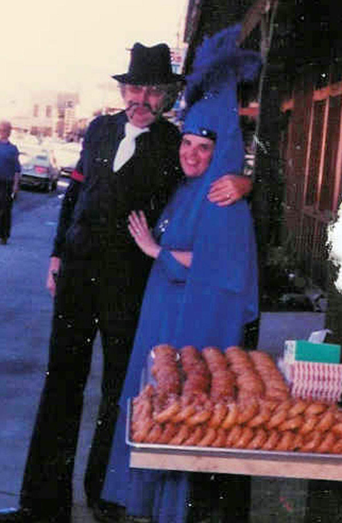 Richard and Kathe Tanner hand out more than 350 half-sized glazed doughnuts to trick-or-treaters in Cambria’s East Village on Halloween morning in 1981. Richard Tanner is dressed as a gambler, reflecting his 18 years as a pit boss at Harrah’s Club in Reno.