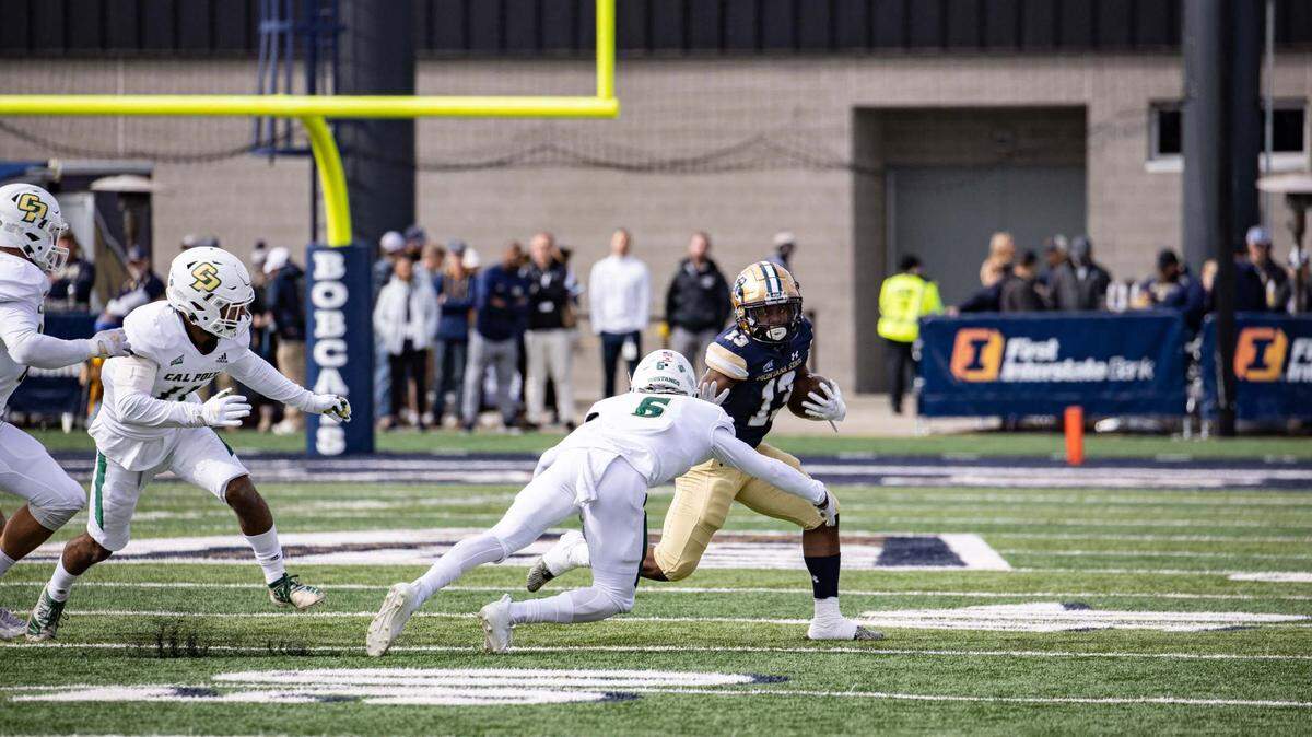 Cal Poly’s Xavier Oliphant tackles a Montana State player. The Mustangs fell to the Bobcats 45-7 on Oct. 9 inside Bobcat Stadium in a Big Sky conference game.