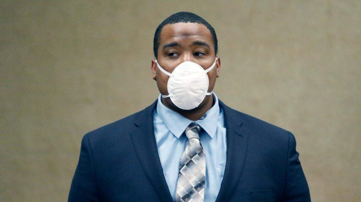 Kejuan Bynum listens in court during jury selection for his murder trial. Bynum is accused of stabbing to death Christopher Vento Wilson of Paso Robles in June 2019.