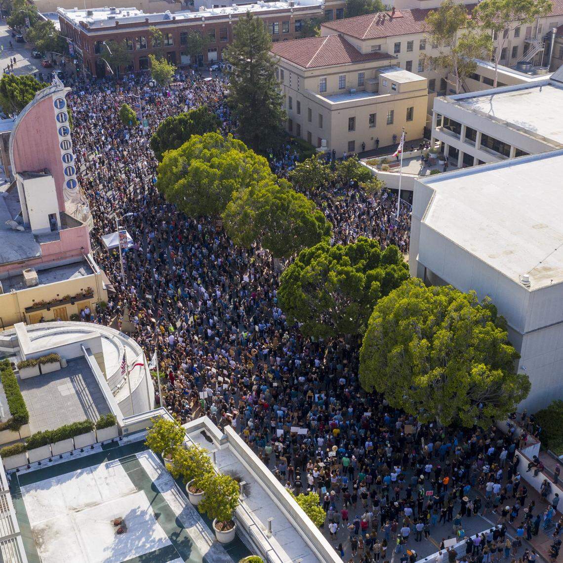 A drone photo shows thousands of people filling the streets for a Black Lives Matter protest in San Luis Obispo on June 4, 2020.