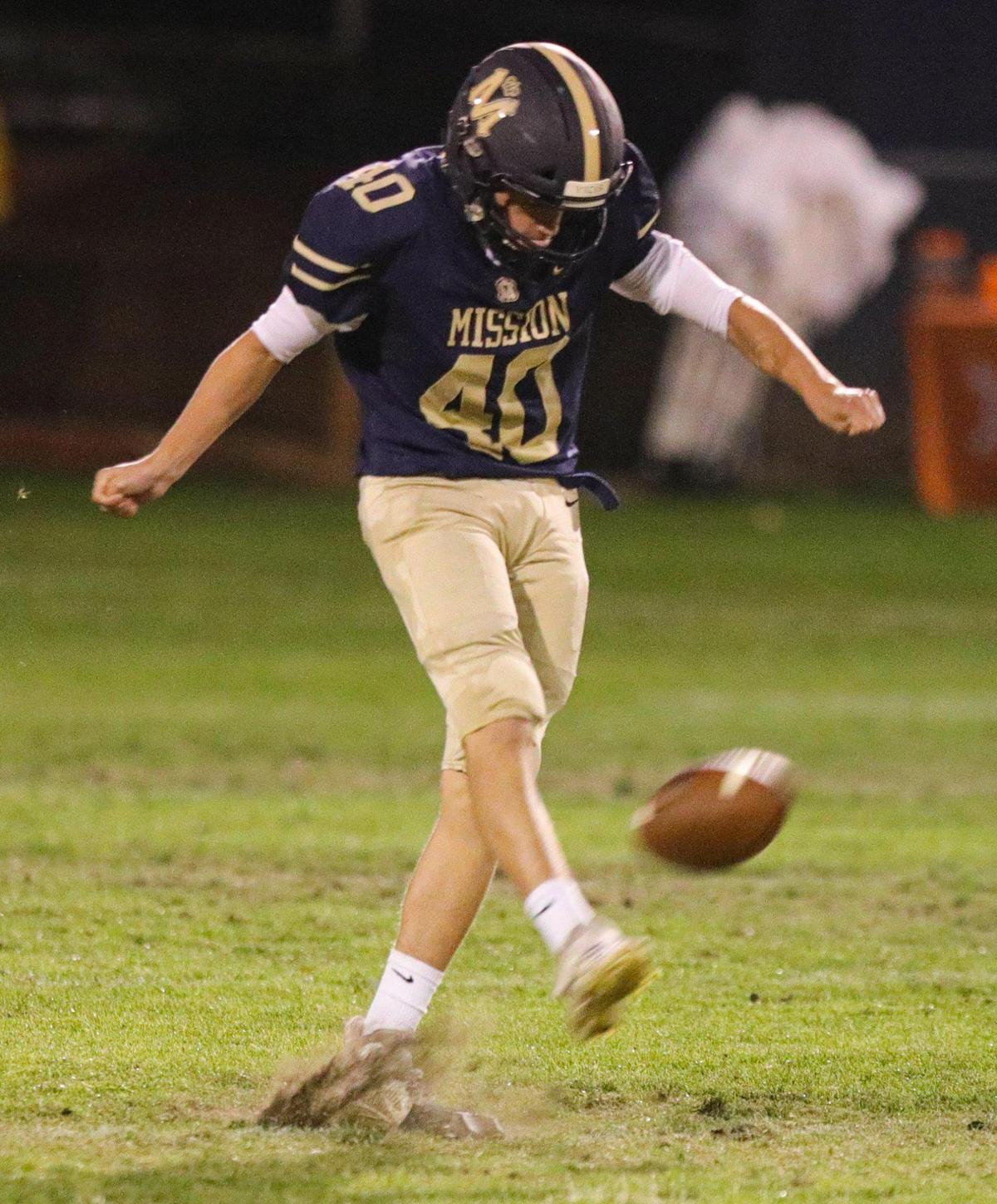 Max Hanchett kicks off for Mission Prep. Mission Prep defeated Paso Robles 28-7 in a Mountain League football game on Sept. 30, 2022, in San Luis Obispo.