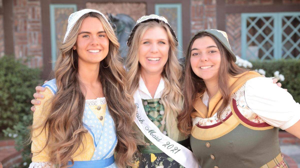 Three years of Danish Maids will share duties at Solvang’s 2022 Danish Festival after the event had to pause the past two years. Pictured are, from left, 2020 Danish Maid Isabella Lopez, 2021 Danish Maid Kayla Bandel and 2022 Danish Maid Aleena Madrid. The festival runs Friday, Sept. 16, through Sunday, Sept. 18, in Solvang.