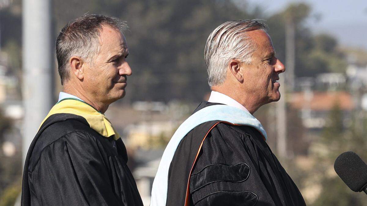 Principal Scott Schalde, left, and SLCUSD Superintendent Eric Prater are retiring this year. Morro Bay High School issued diplomas to 176 graduates on June 4, 2026.