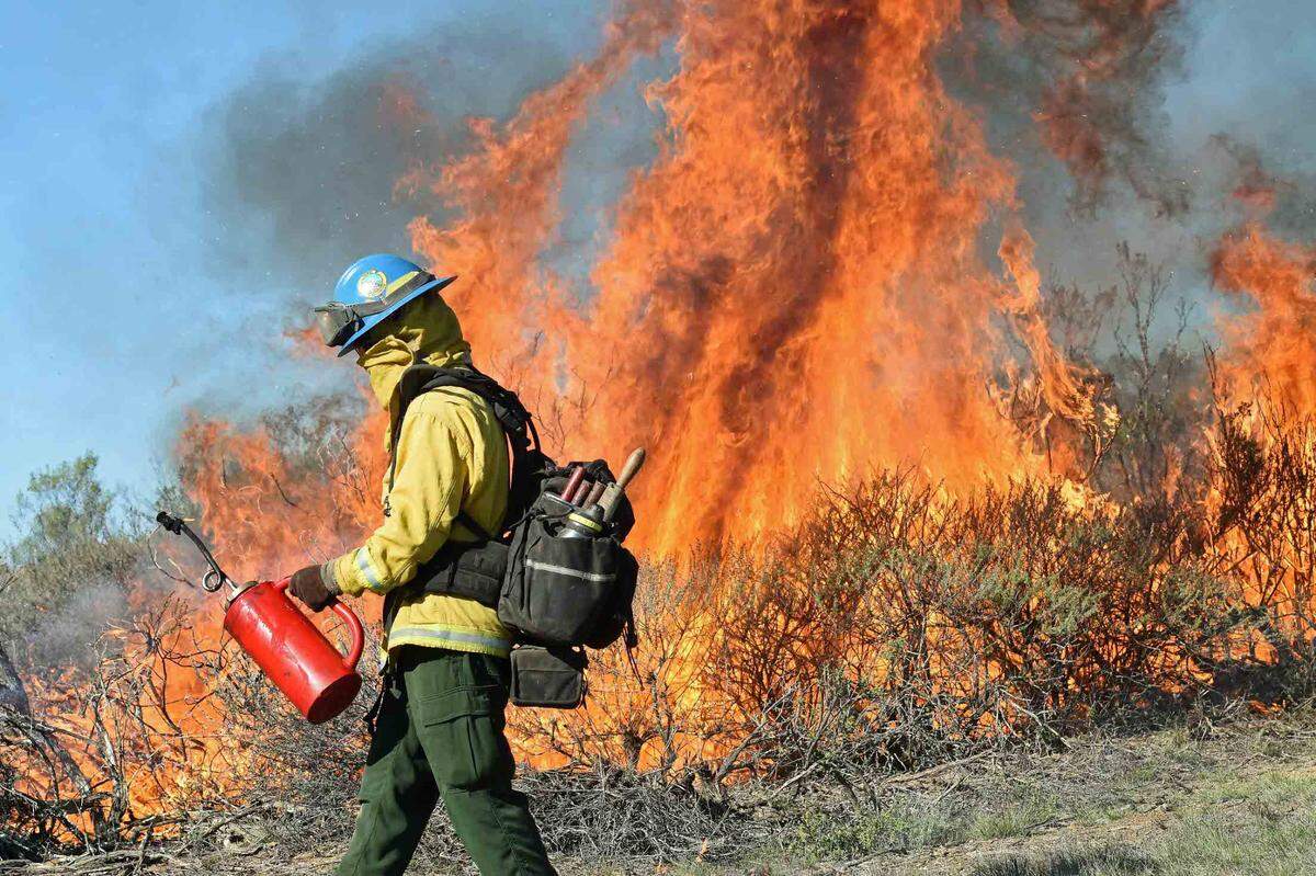 A California Conservation Corps member ignites a fire on San Luis Ridge on Friday, Nov. 12, 2021, during a controlled burn operation.