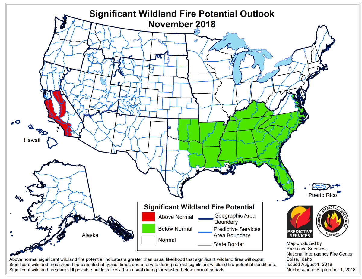 Weather trends support predictions that fall weather events will bring moisture to most regions, reducing the risk of fire by November. That’s not the case for much of California.