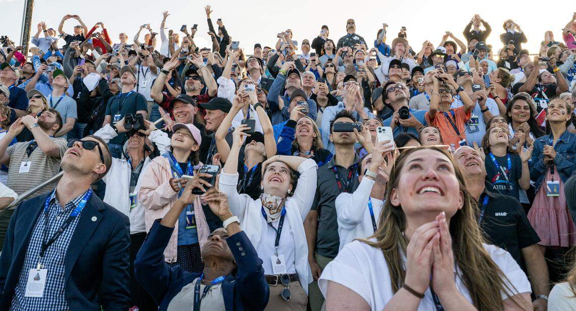 Guests at the Banana Creek viewing site watch the launch of NASA’s Space Launch System (SLS) rocket and Orion spacecraft with Commander Reid Wiseman, Pilot Victor Glover, and Mission Specialist Christina Koch from NASA, and Mission Specialist Jeremy Hansen from the CSA (Canadian Space Agency) on the Artemis II mission, Wednesday, April 1, 2026, at NASA’s Kennedy Space Center in Florida.