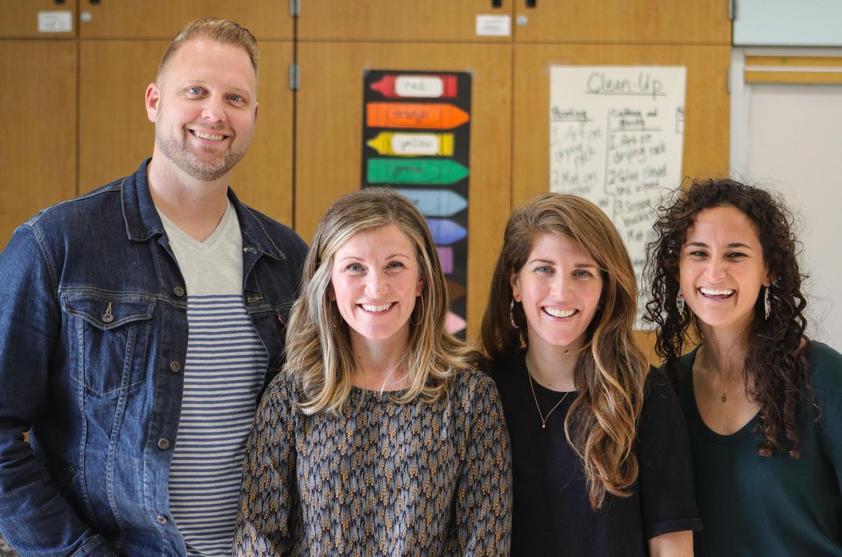 A self-published book has raised more than $35,000 for C.L. Smith Elementary School art classes. The bilingual book, “You Can Be That Cat - Tú Puedes Ser Ese Gato” is based on artwork by students at the school. Part of the team putting the book together and marketing it are from left: Kyle Ahlgren, Lindsey Haring (author) Jessica Morris and Kendra Aronson.