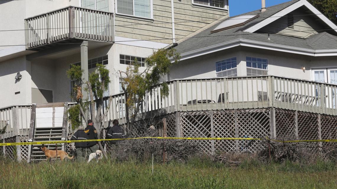 K-19 units with the San Luis Obispo County Sheriff’s Office search behind the Arroyo Grande home of Ruben Flores on Monday, March 15, 2021. Flores is the father of Paul Flores, the sole person of interest in the disappearance of missing Cal Poly student Kristin Smart.