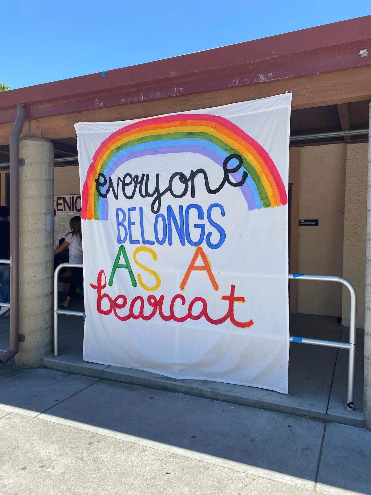 A sign encouraging inclusion hangs at Paso Robles High School during the school’s first ever Pride Week in May 2022.