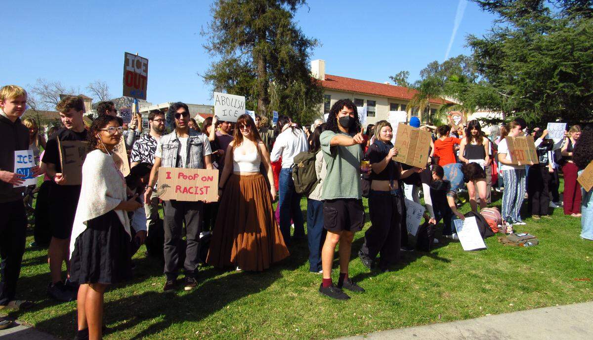 Students gathered on Dexter Lawn at Cal Poly on Jan. 30, 2026, during a national strike to protest Immigration and Customs Enforcement funding and actions. The Cal Poly protest featured over 100 students by 10:38 a.m., with posters reading, “Abolish ICE” and “ICE out of SLO.”