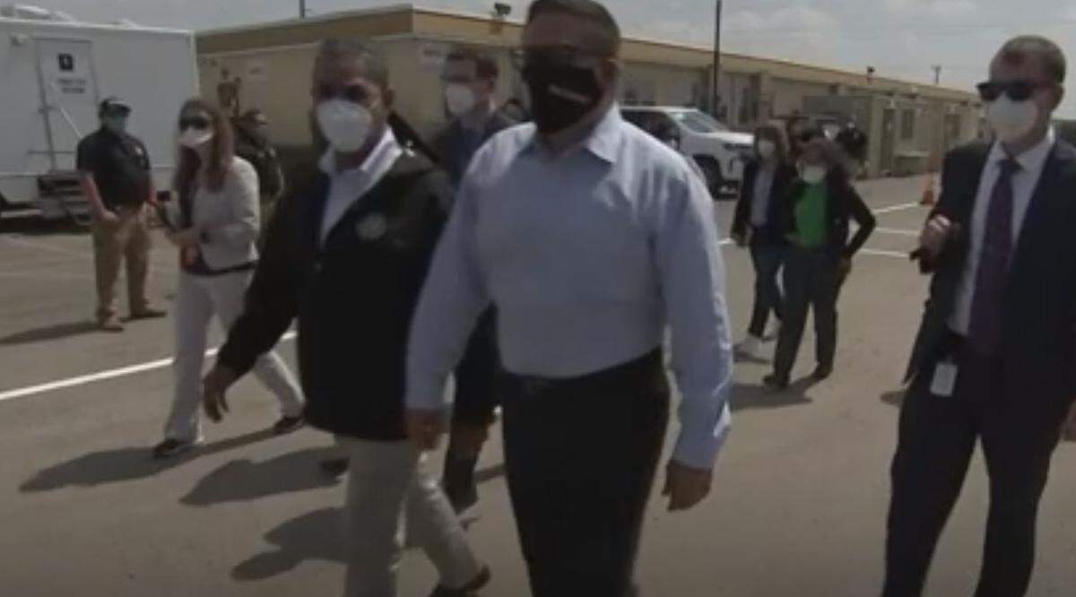 U.S. Rep. Salud Carbajal (D-Santa Barbara) tours the U.S. Dept. of Health and Human Services’ Carrizo Springs Influx Care Facility in Carrizo Springs, Texas, on Wednesday, March 24, 2021.