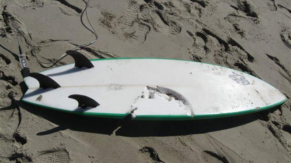 Francisco Javier Solorio Jr. was using this surfboard when he was attacked by a great white shark on Tuesday, Oct. 23.