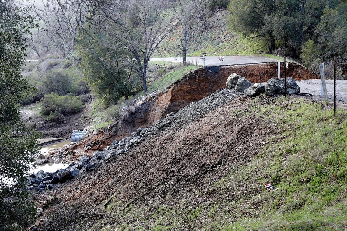 About 100 feet of Chimney Rock Road northwest of Paso Robles washed during a March 2023 rain storm, stranding residents.