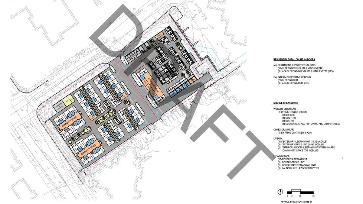 The Welcome Home Village project — which could break ground as soon as this fall and open in 2025 — calls for 80 cabins of homeless transitional shelter space to be built on the San Luis Obispo County Health Agency Campus at the intersection of Bishop Street and Johnson Avenue.
