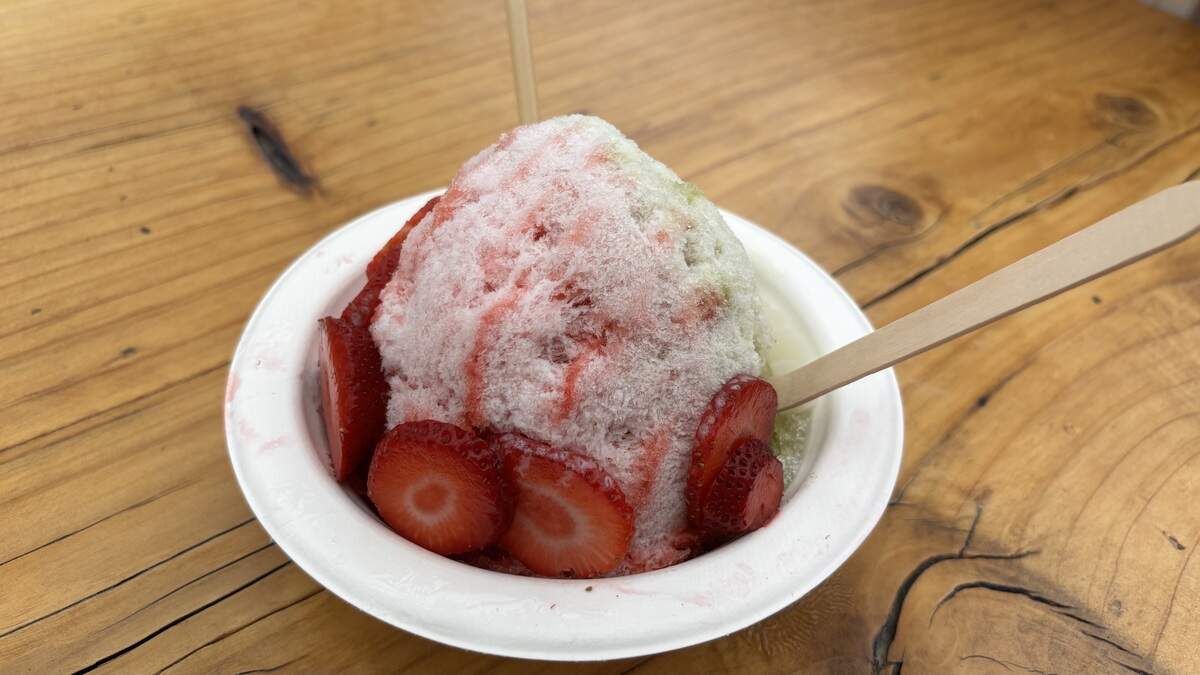 Signature shave ice bowls like the matcha bliss with strawberry and matcha syrup are popular at Kai Shave Ice in Morro Bay, seen here on July 1, 2026.