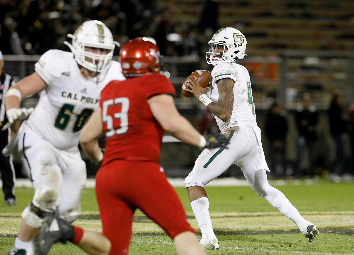 Cal Poly hosts Eastern Washington at Alex G. Spanos stadium, Saturday, November er 16, 2019. This is the last home game of the season. Cal Poly’s QB Jalen Hamler looks to pass during first half play.