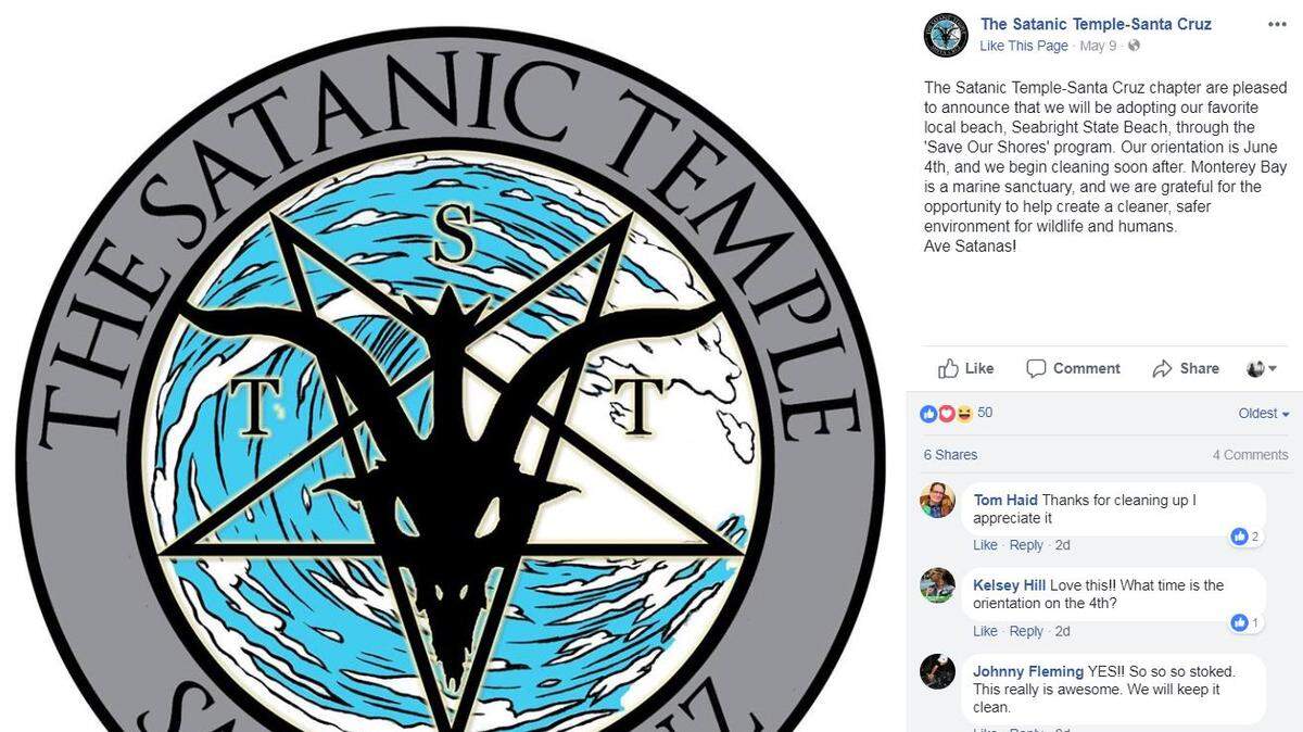 The Satanic Temple-Santa Cruz announced on May 9 that it is adopting Seabright State Beach in Santa Cruz for a full year. The temple will host monthly cleanups of the beach.
