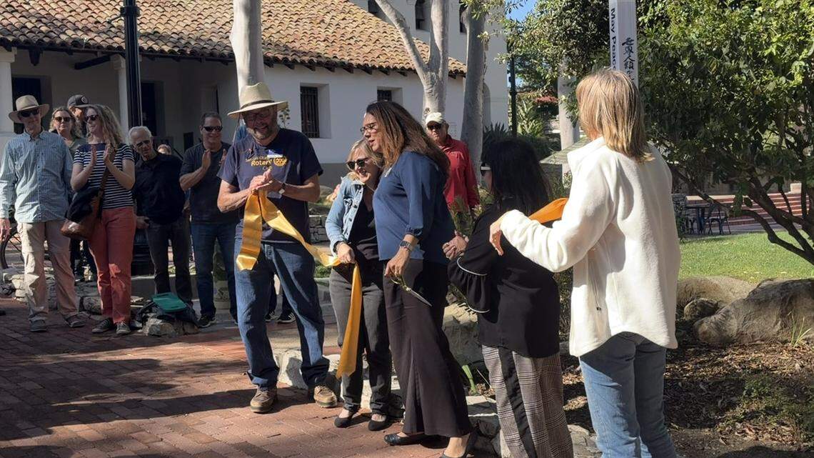 Four San Luis Obispo Rotary clubs joined forces to get a “peace pole” installed in Mission Plaza, as a way to encourage unity in the community. The ribbon cutting for the new structure was April 14, 2026, including the presidents of each club and Mayor Erica A. Stewart.