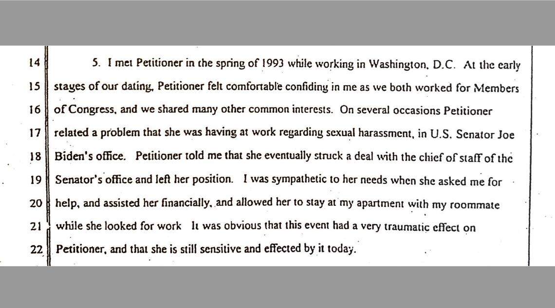 A declaration filed March 1996 in San Luis Obispo Superior Court by the ex-husband of Tara Reade includes this passage referencing Read’s experience as a former Senate staffer for then-Sen. Joe Biden in 1993. Notably, it mentions “sexual harassment” rather than “sexual assault,” and it doesn’t specifically accuse Biden of misconduct.