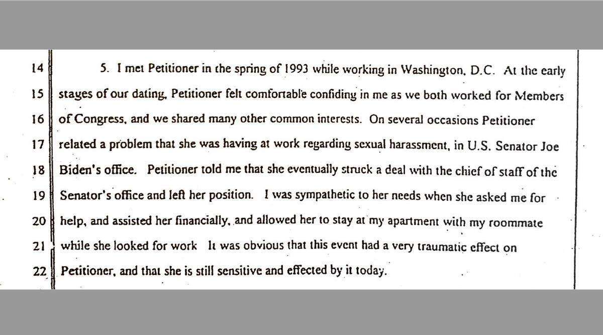 A declaration filed March 1996 in San Luis Obispo Superior Court by the ex-husband of Tara Reade includes this passage referencing Read’s experience as a former Senate staffer for then-Sen. Joe Biden in 1993. Notably, it mentions “sexual harassment” rather than “sexual assault,” and it doesn’t specifically accuse Biden of misconduct.
