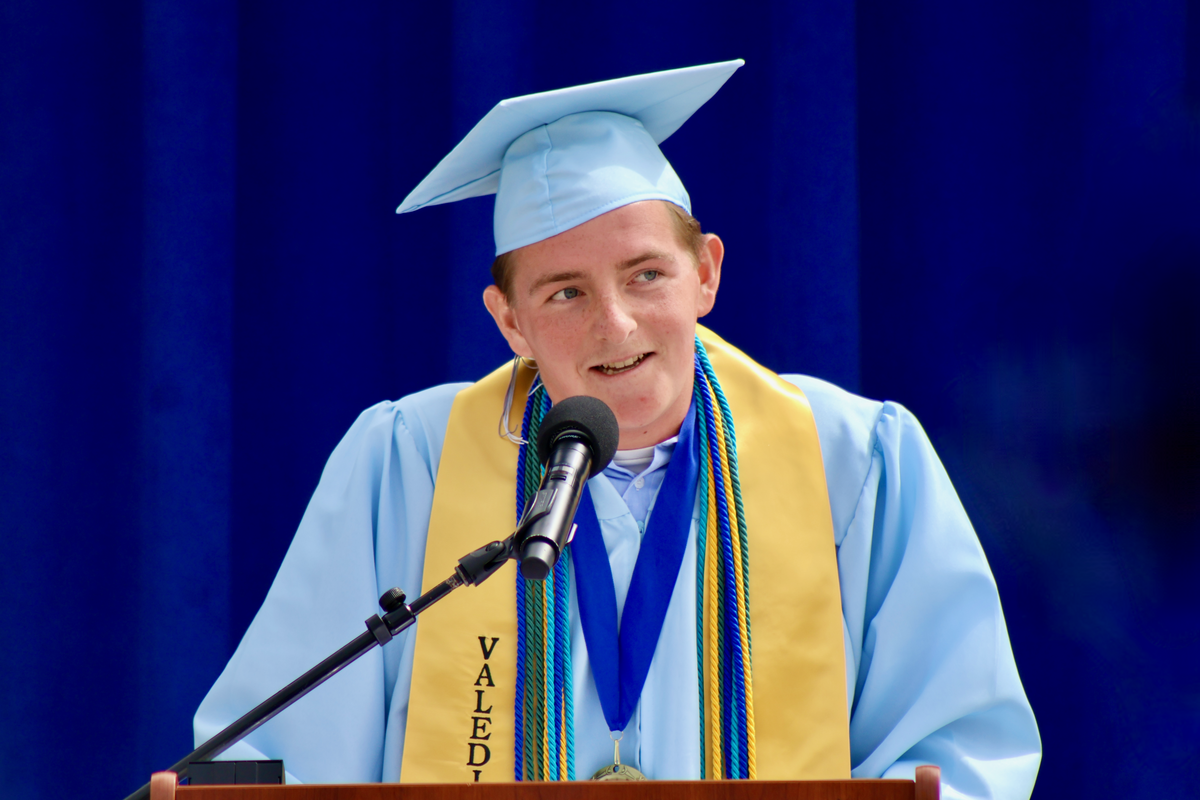 Valedictorian James Russell Carter addresses the crowd at Central Coast New Tech High School’s graduation ceremony on June 6, 2026.