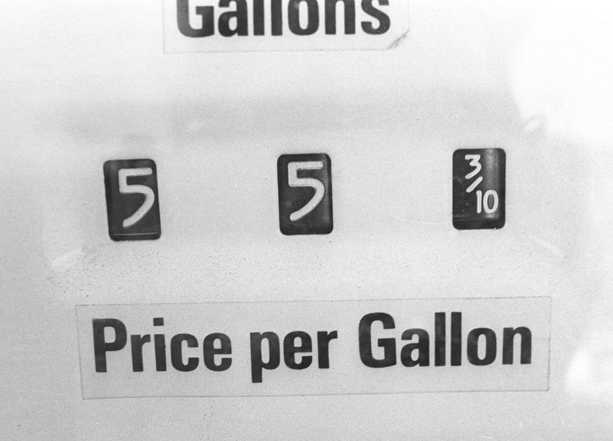 Gasoline prices rose to 55 cents per gallon. From a story about fuel economy as the OPEC oil embargo began to be felt. 2-4-1974 ©Larry Jamison/Telegram-Tribune
