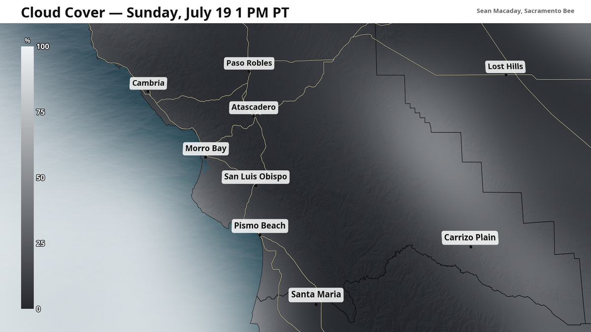 Approximate cloud cover Sunday afternoon, with mostly to partly sunny skies expected after morning fog.