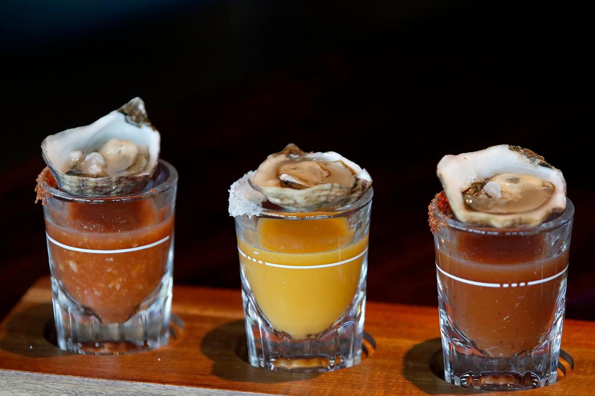 A flight of oyster shooters is among the appetizers served at Kicker’s in Morro Bay. The seafood restaurant opened at 850 Embarcadero on Friday, February 10, 2023.