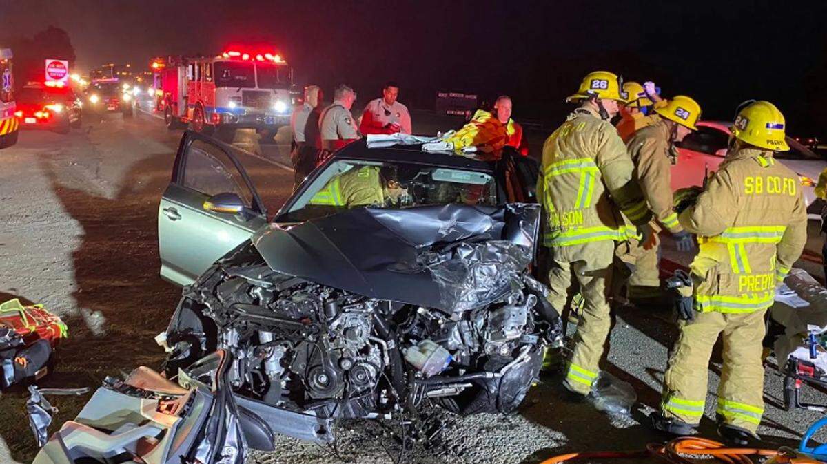 A woman suffered major injuries early Monday, Oct. 2, 2023, when her car collided with a gasoline tanker truck on southbound Highway 101 near near Alisos Canyon Road in the Los Alamos area.