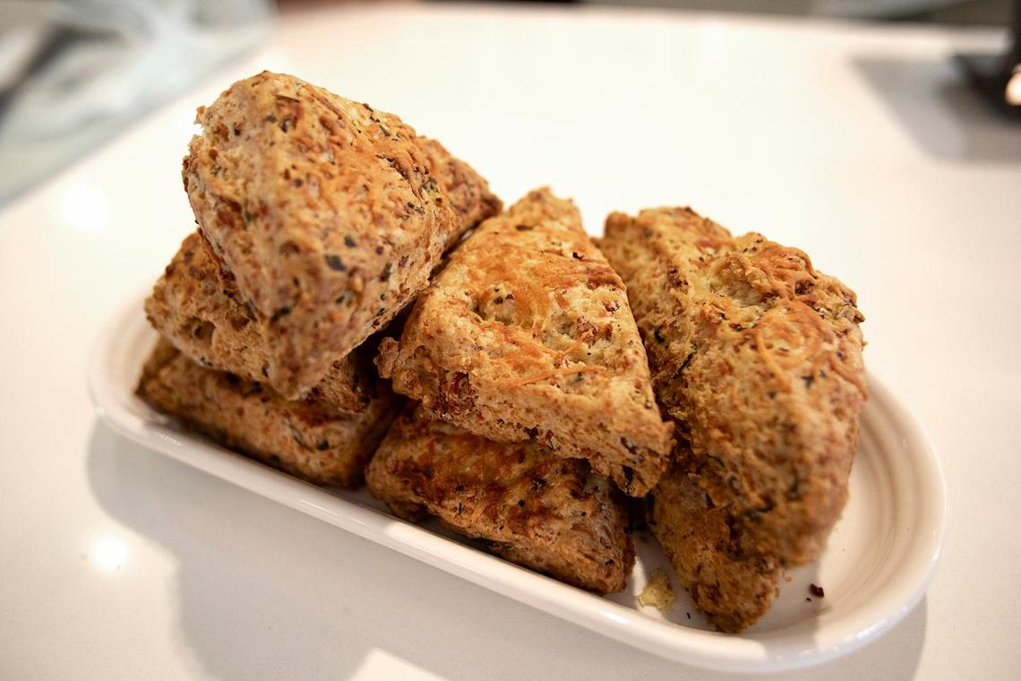 Bacon, cheddar cheese and chives scones are among the baked goods at the new Scout Coffee location that opened Tuesday, Feb. 21, 2024, in Morro Bay.