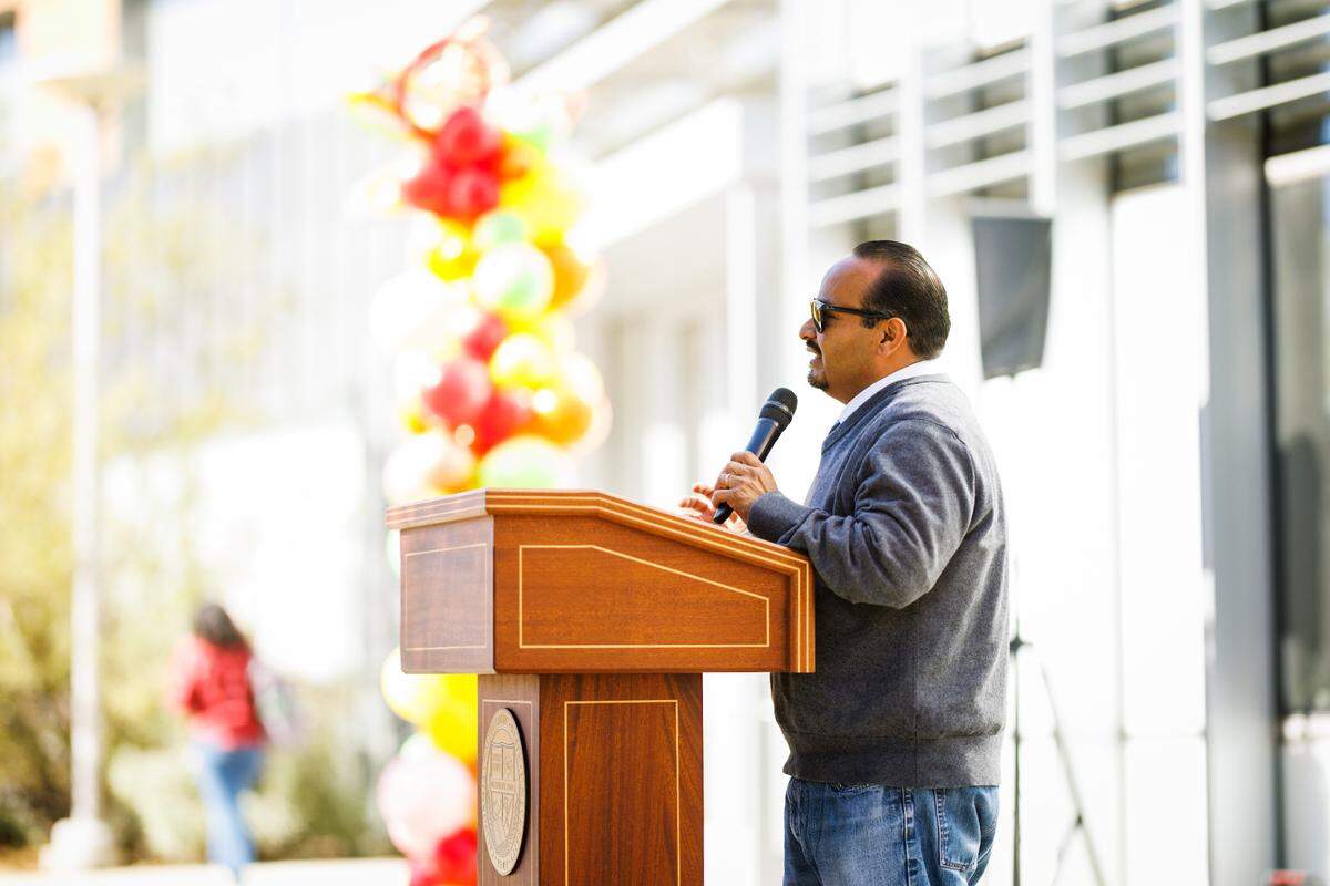 José Navarro, Professor of Ethnic Studies, speaks at the grand opening and celebration of Cal Poly’s new Latinx Center, named La CASA (Latinx/e Center for Academic Success and Achievement).