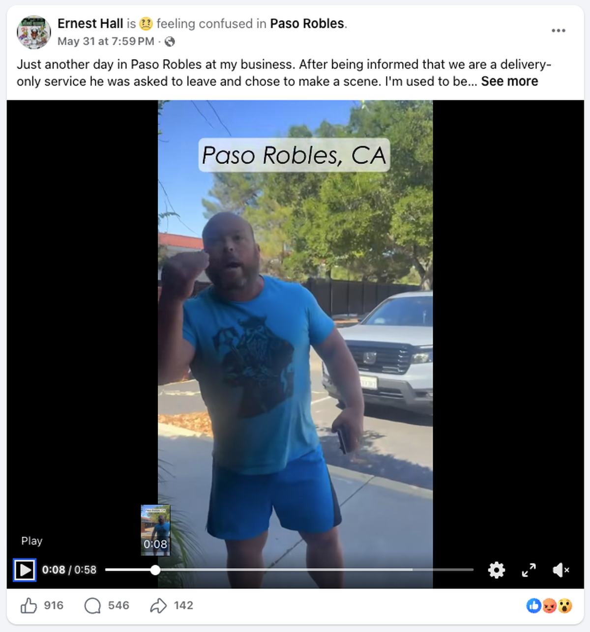 Ernest Hall, owner of Dubs Green Garden in Paso Robles, posted a video on May 31, 2026, of an altercation with Fresno resident Luke Fisher, who called Hall the N-word during the argument.