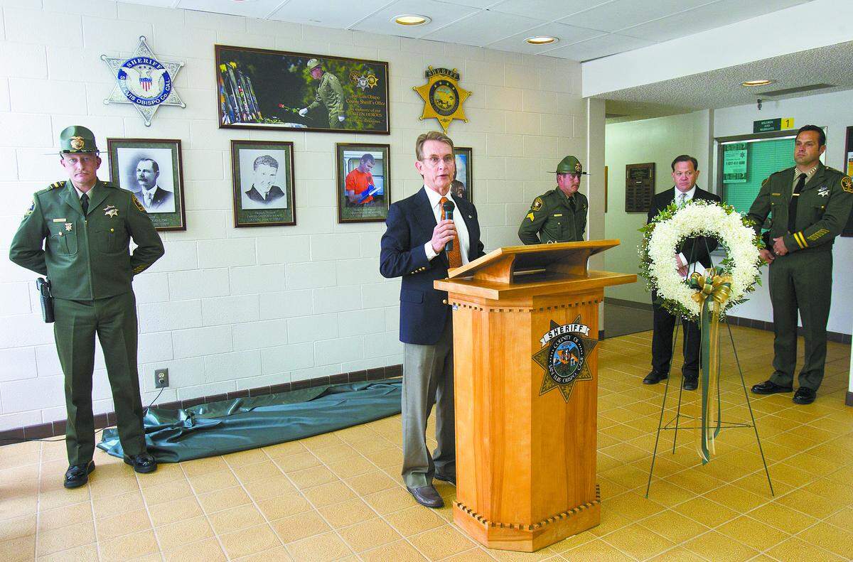Tim Meadows speaks at the dedication of the “Wall of Honor” at the Sheriff’s Department headquarters in San Luis Obispo in 2011. Tim was the father of Christopher Meadows who was killed while responding to an accident at the Oceano Dunes on May 24, 2009. Christopher was a member of the Sheriff Department’s search and rescue team.