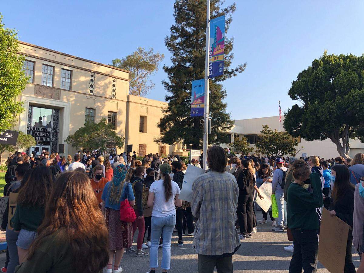 Protesters gather in front of the San Luis Obispo County courthouse as local Black Lives Matter activists Tianna Arata and Elias Bautista are arraigned on Thursday, Sept. 3, 2020.