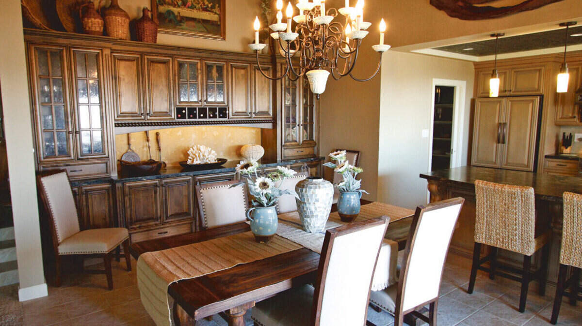Rustic elegance is the theme for the dining area in the Santos home.