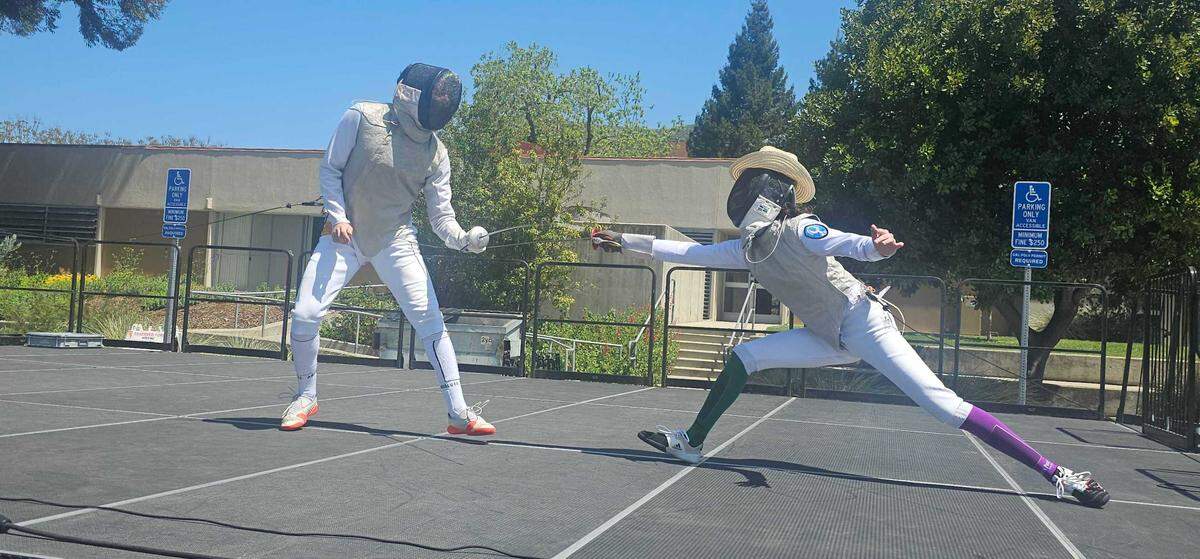 The Cal Poly Fencing Club, one of the school’s 300 clubs and organizations, performs a demo during Cal Poly’s Open House on April 12, 2025.