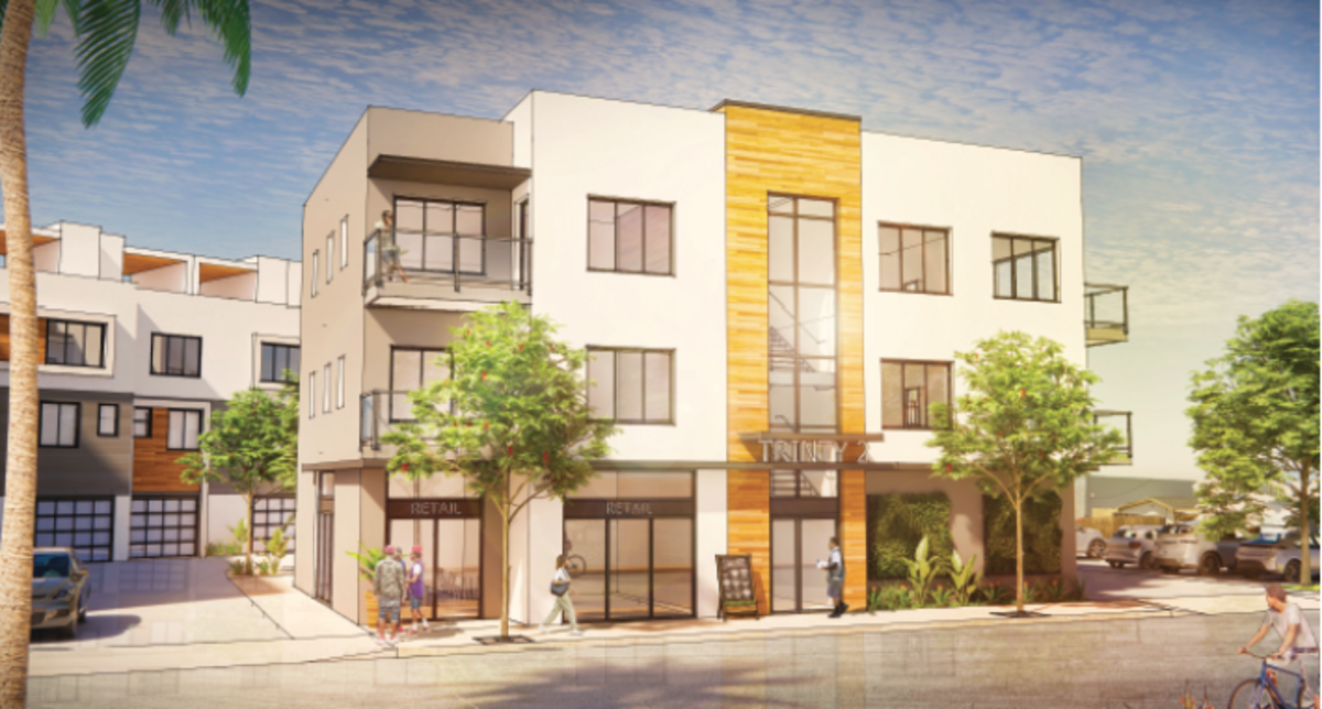 Concept art shows the design plan for a three-story mixed-use project consisting of 800 square feet of commercial space and nine residential condominiums at 171 N. 2nd St.