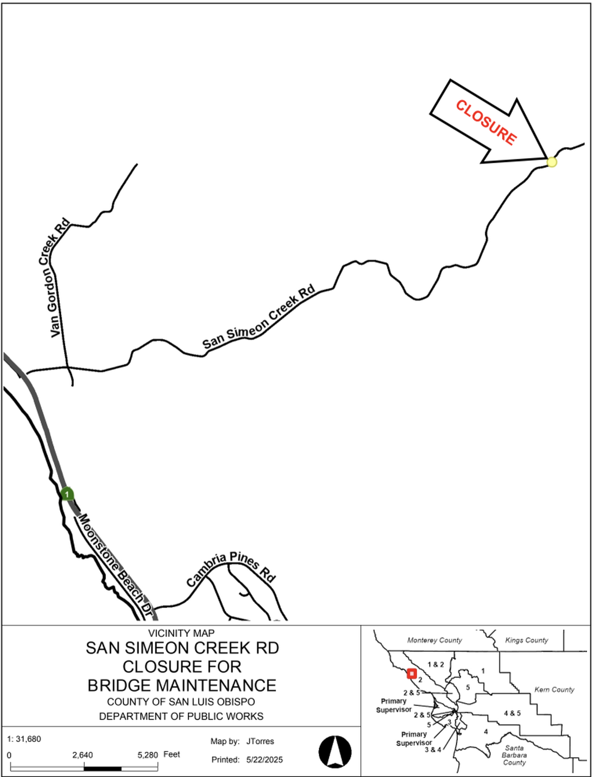 San Simeon Creek Road will temporarily close during working hours from June 9 to 13, 2025, for bridge repairs.