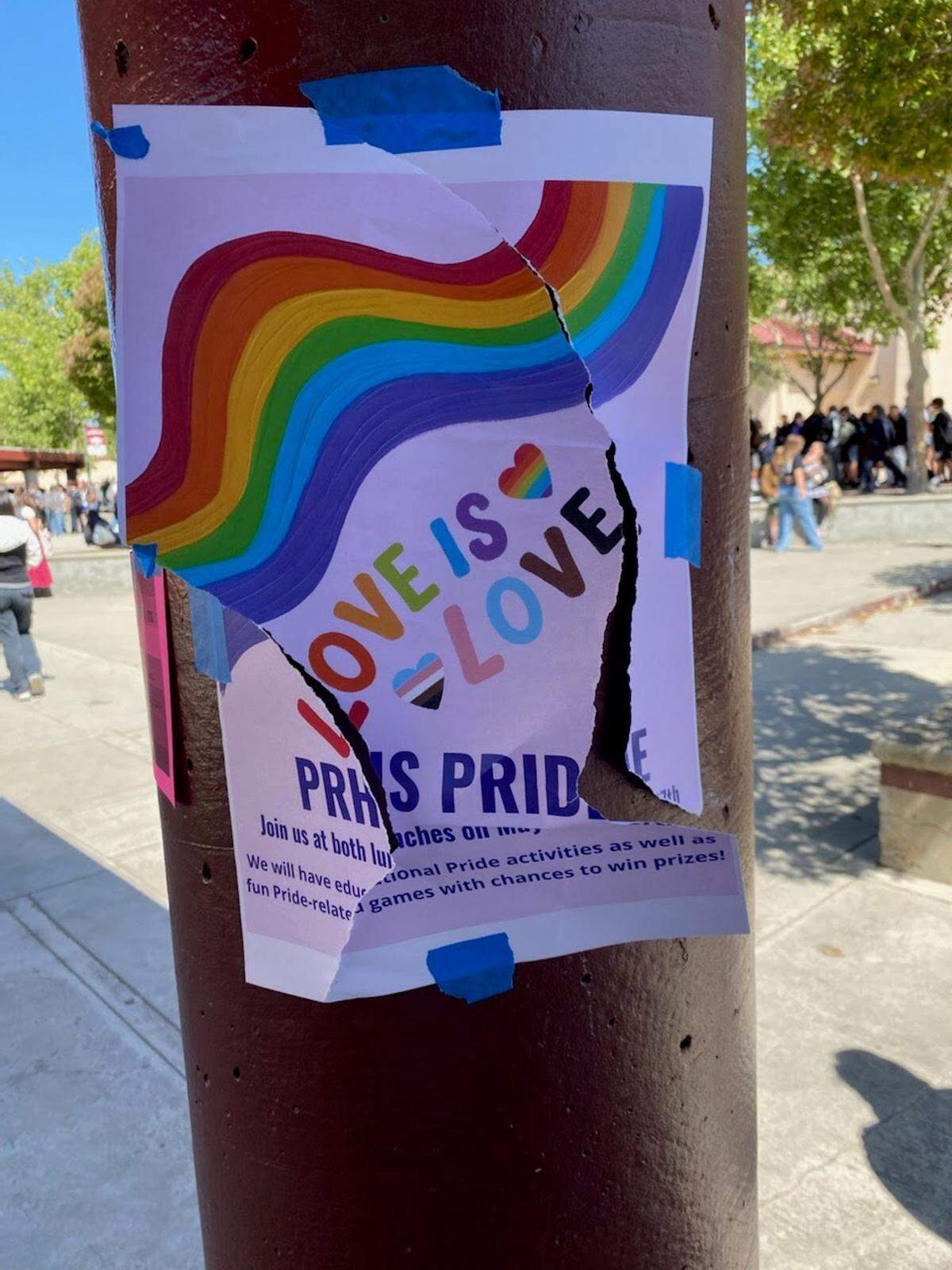 Someone tore down a sign advertising Paso Robles High School’s first Pride Week in May 2022.