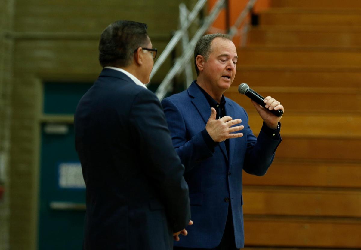 Sen. Adam Schiff and Congressman Salud Carbajal held a town hall at Cuesta College in San Luis Obispo on Tuesday, April 22, 2025. After the main event, they also answered questions from an overflow crowd inside the college’s gym.