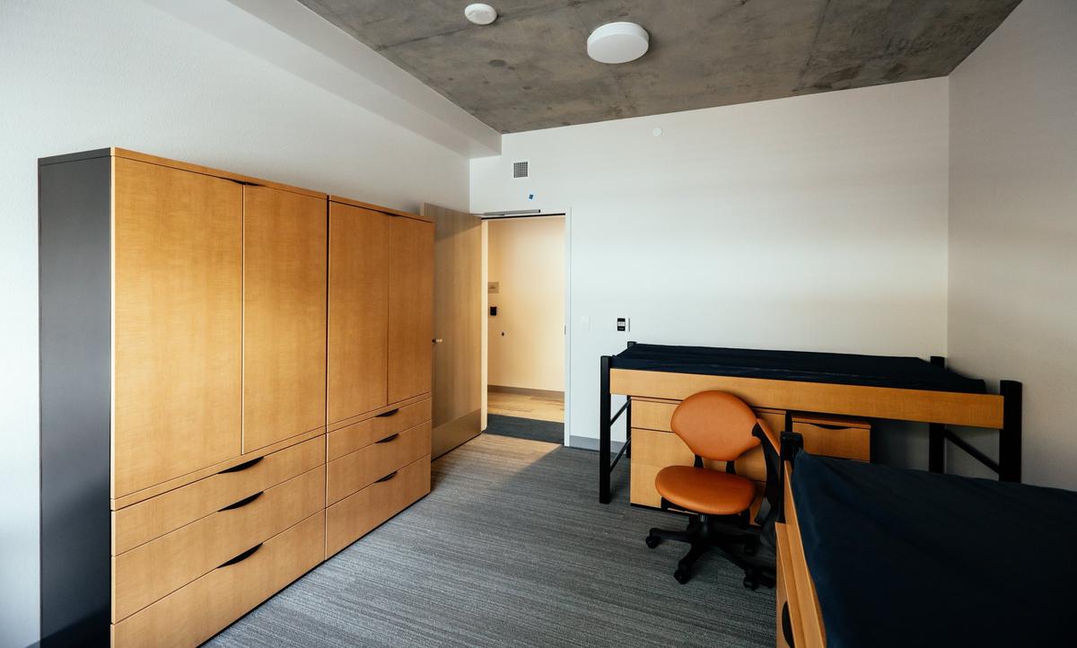 A double room inside one of the buildings at Cal Poly’s new first-year housing community.