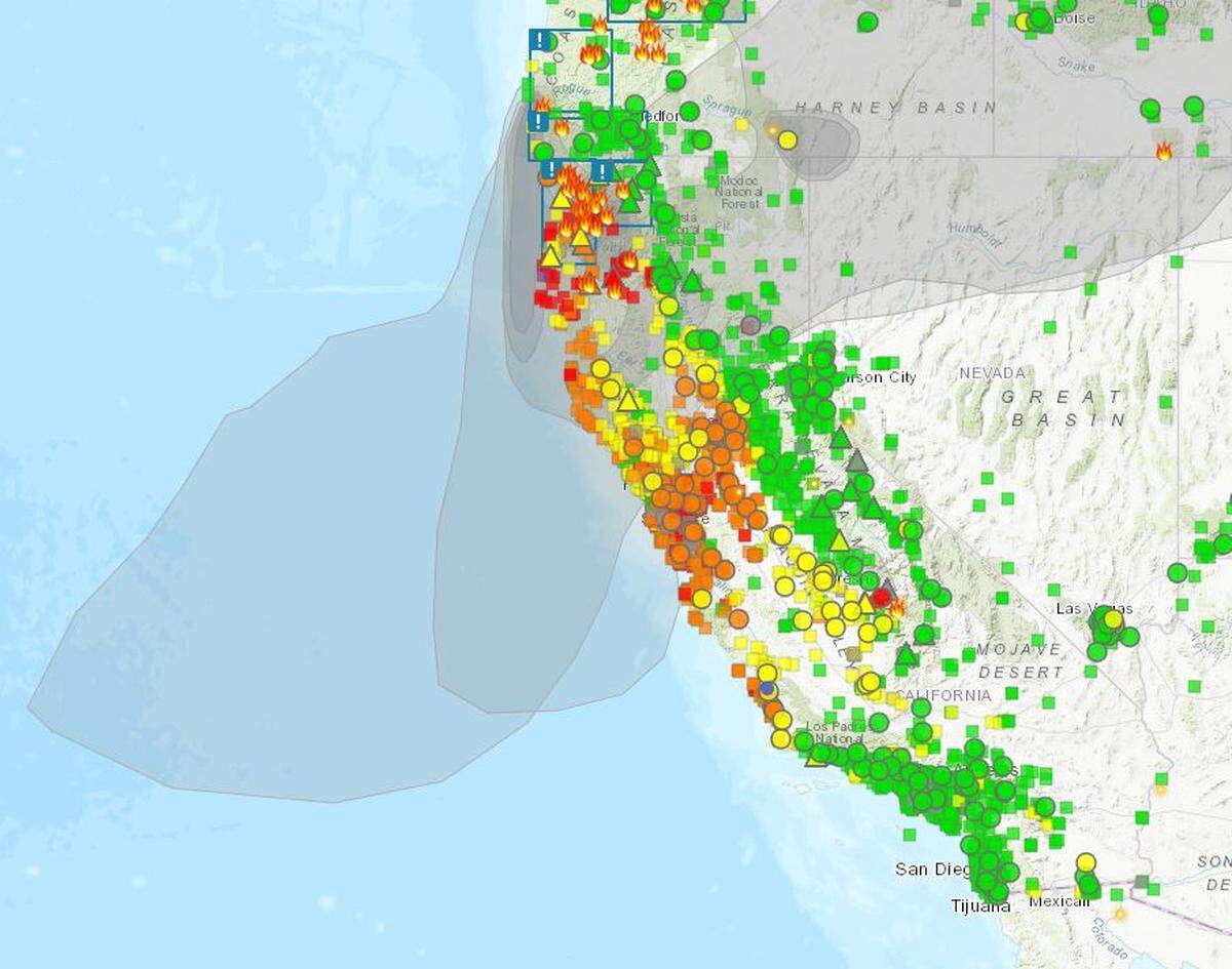 A screen capture of the AirNow map on Wednesday morning. The green dots show good air quality, while yellow, orange, red and purple are where poor air quality conditions have been measured.